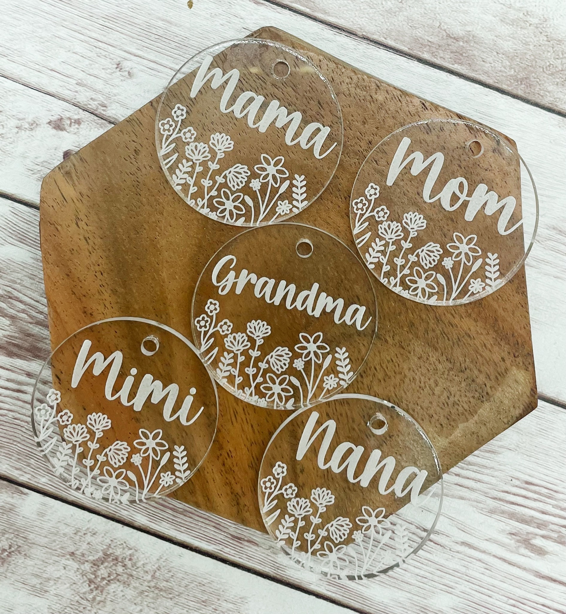 Mom Mama Grandma Nana Mimi Floral Engraved Acrylic Keychain Blanks