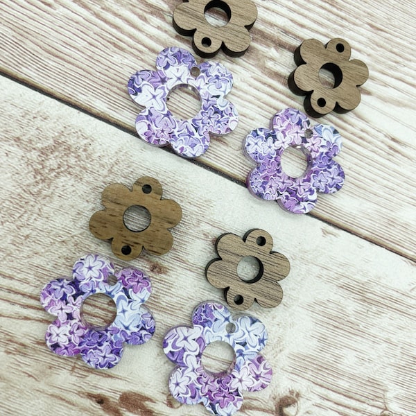 Patterned Lilac Acrylic and Wood Flower Connector Set Earring Blanks, DIY Jewelry Making