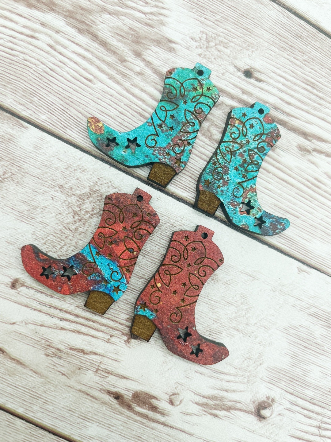 Patterned Wood Engraved Cowboy Boots Earring Blanks DIY Jewelry Making