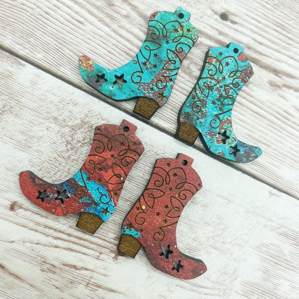 Patterned Wood Engraved Cowboy Boots Earring Blanks, DIY Jewelry Making
