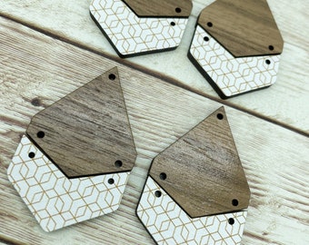 Patterned White and Gold Geometric Print Acrylic and Walnut Teardrop Set Earring Blanks, DIY Jewelry Making