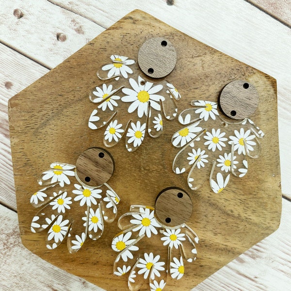 Scalloped Daisy Print Acrylic and Walnut Connector Earring Blanks, DIY Jewelry Making