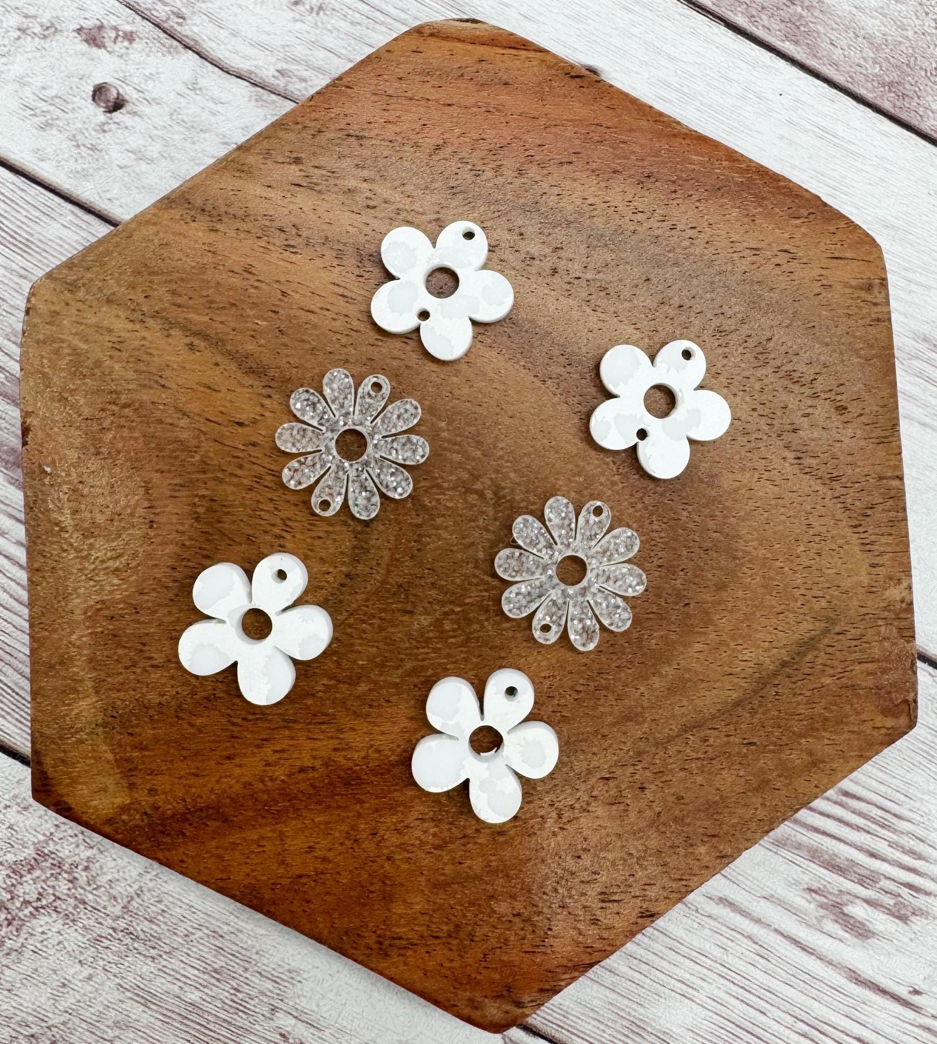 White Leopard Print and White Glitter Acrylic Funky Flower Trio Acrylic Earring Blanks, DIY Jewelry Making