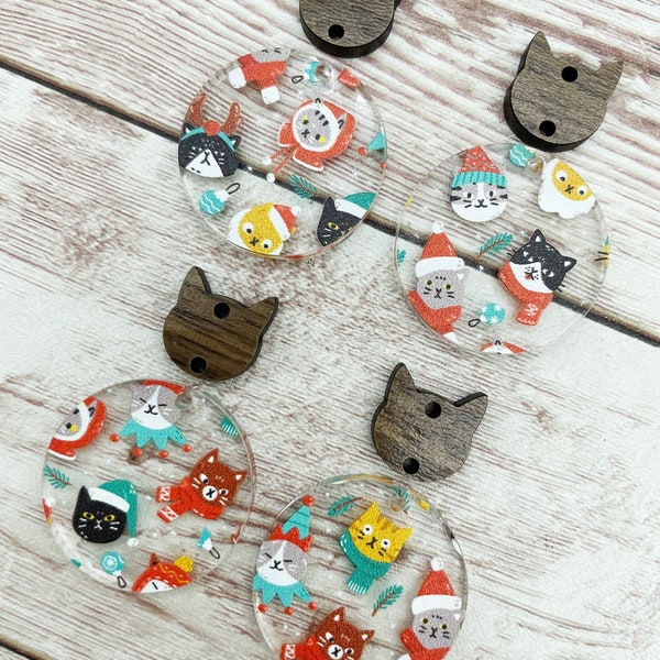 Christmas Winter Cat Print Acrylic and Wood Cat Connector Set Earring Blanks, DIY Jewelry Making