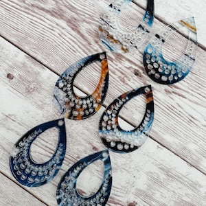 Blue Clear Brown Swirl Print Acrylic Open Dot Teardrop Earring Blanks, DIY Jewelry Making