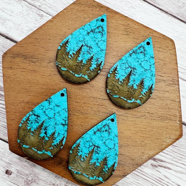 Patterned Turquoise Wood Engraved Mountains Outdoor Earring Blanks, DIY Jewelry Making