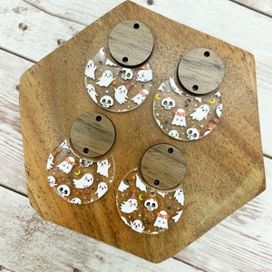 Patterned Halloween Ghost Acrylic and Wood Circle Set Earring Blanks, DIY Jewelry Making