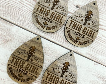 Wood Teardrop Engraved This Girl Loves Country Music Earring Blanks, Finished Walnut Blank, DIY Jewelry Making