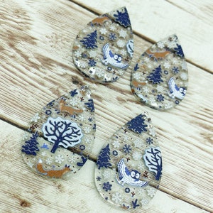 Patterned Winter Owl Fox Print Acrylic Teardrop Earring Blanks, DIY Jewelry Making