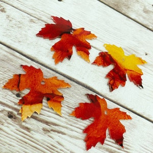 May include: Four resin leaves in shades of red, orange, and yellow. The leaves are translucent and have a marbled effect. They are arranged on a light wood background.