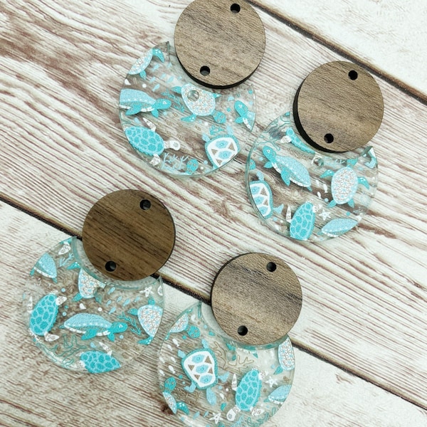 Patterned Sea Turtle Acrylic and Wood Circle Set Earring Blanks, DIY Jewelry Making