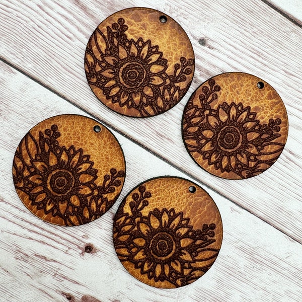 Engraved Vegetable Tanned Leather Sunflower Round Earring Blanks, DIY Jewelry Making
