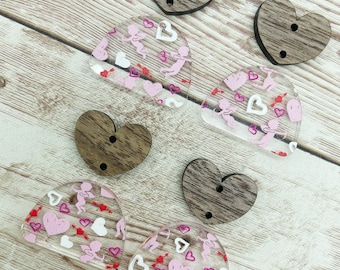 Cupid Print Acrylic and Wood Heart Earring Blanks, DIY Jewelry Making