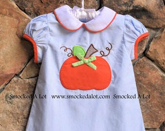 Girls Pumpkin Applique Dress Thanksgiving Fall Halloween with peter pan collar scalloped hem. Blue gingham, orange Smocked A Lot
