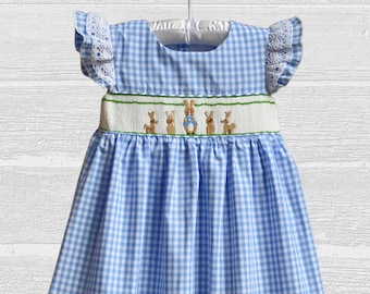 Delivery by Easter!  Smocked Easter Peter Rabbit Dress for girls- blue white gingham check. Classic design.  by Smocked A Lot bunny