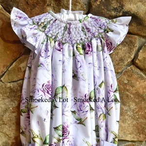 Delivery by Easter! Smocked Girls Short Bubble- Purple Floral Rose Fabric- Easter Birthday Vintage Inspired Dress Spring Classic side ties