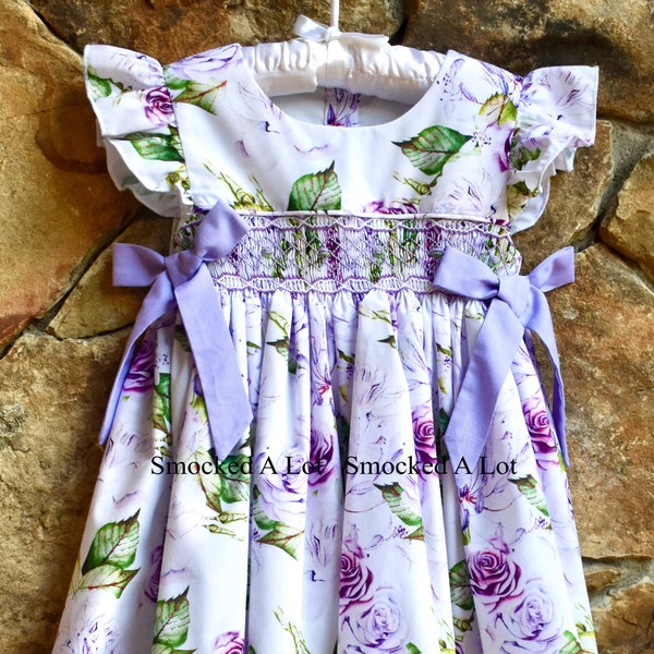 Delivery by Easter! Girls Smocked Purple Floral Rose Dress with side ties. Beach Summer Birthday Party. Smocked A Lot Classic Outfit Bishop