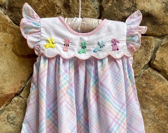 Delivery by Easter! SALE! Girls Easter Bunny Dress- pastel plaid. Embroidered.  Church, Sunday. Smocked Btq Classic Outfit