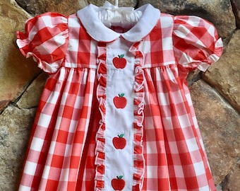 Girls Apple dress back to school first day of school with peter pan collar.  Red/white check gingham.  By Smocked A lot Boutique