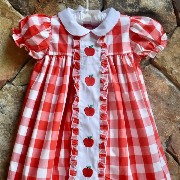 Girls Apple dress back to school first day of school with peter pan collar.  Red/white check gingham.  By Smocked A lot Boutique