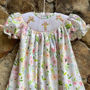 Delivery by Easter! Girls Smocked Cross Bishop Dress- Amazing Grace floral rose with smocked crosses Church Christ Outfit bunny