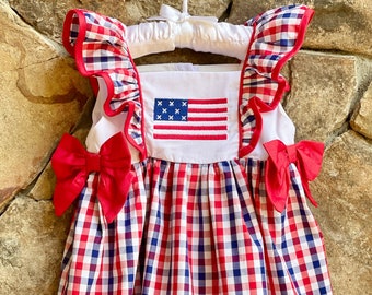 SALE Girls American Flag Dress Red White Blue Gingham. 4th of July