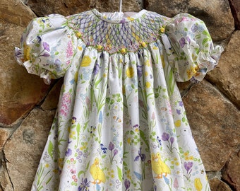Girls floral Smocked Bishop Dress- with bunnies and ducks  Church Christ Outfit bunny