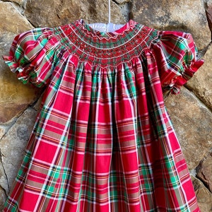 Smocked girls Christmas bishop dress Plaid Tartan Red Green Classic Outfit Santa Claus Tree