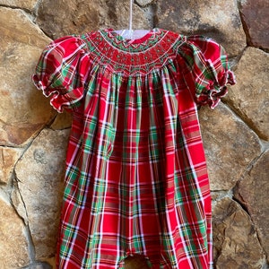 Tartan à carreaux de Noël à longues bulles pour filles smockées rouge vert tenue classique sapin du père Noël