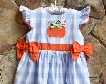 SALE! Girls Pumpkin Applique Dress Thanksgiving Fall Halloween with side bows. Blue gingham, orange Smocked A Lot