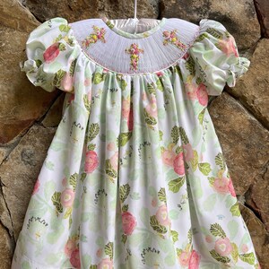 Girls floral Smocked Cross Bishop Dress- with smocked crosses Church Christ Outfit bunny