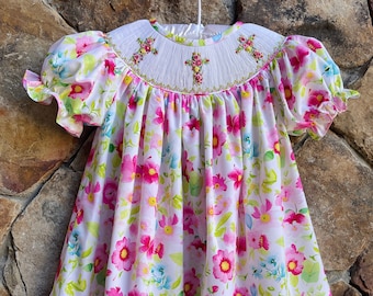 Girls Smocked Cross Bishop Dress- Amazing Grace floral rose with smocked crosses Church Christ Outfit bunny 2024