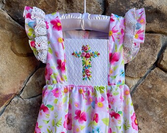 Girls Easter Smocked Cross Short Bubble- Amazing Grace 2024 floral rose with smocked crosses Church Christ Outfit bunny