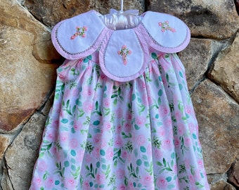 Girls Smocked Cross Dress- Blessed Redeemer floral rose with scalloped collar crosses Church Christ Outfit bunny