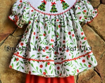 Smocked A Lot Girls Christmas Tree Holly Berry Red Green Bishop Dress Santa Smocked A Lot Girls Christmas Tree Holly Berry Red Green Bishop Dress Santa