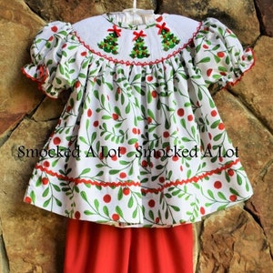 Smocked girls Christmas Tree ruffled pants set Holly Berry fabric- red green classic outfit dress Santa bishop top