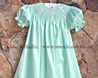 Delivery by Easter! Girls Smocked Cross Easter Bishop Dress- Mint Green with smocked crosses by Smocked A Lot Church Christ Outfit