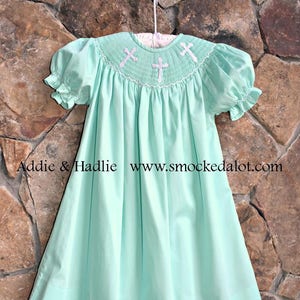 Delivery by Easter! Girls Smocked Cross Easter Bishop Dress- Mint Green with smocked crosses by Smocked A Lot Church Christ Outfit