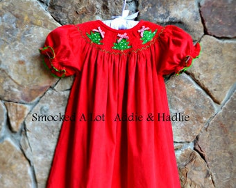 Smocked A Lot Girls Christmas Tree Holly Berry Red Green Bishop Dress Santa Smocked A Lot Girls Christmas Tree Holly Berry Red Green Bishop Dress Santa