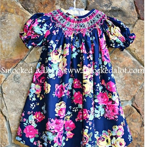 Delivery by Easter! Girls Smocked Bishop Dress- Navy Pink Floral Rose Fabric. Easter, Birthday, Spring. by Smocked A Lot. Vintage Inspired