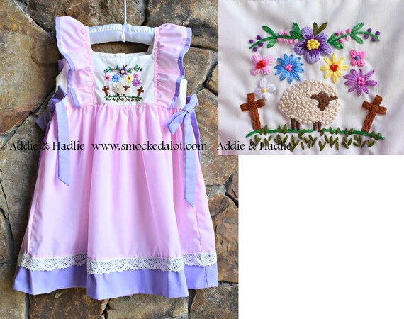 Smocked A Lot Girls Easter Dress Lamb Cross Church Outfit Pink Purple Bunny Lace