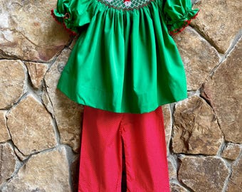 Smocked Green Santa Christmas ruffled pants set emerald green fabric- classic outfit