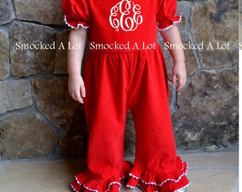 Girls Christmas Red Solid Monogrammed Long Romper Bubble Jumper Ruffled White Santa Claus