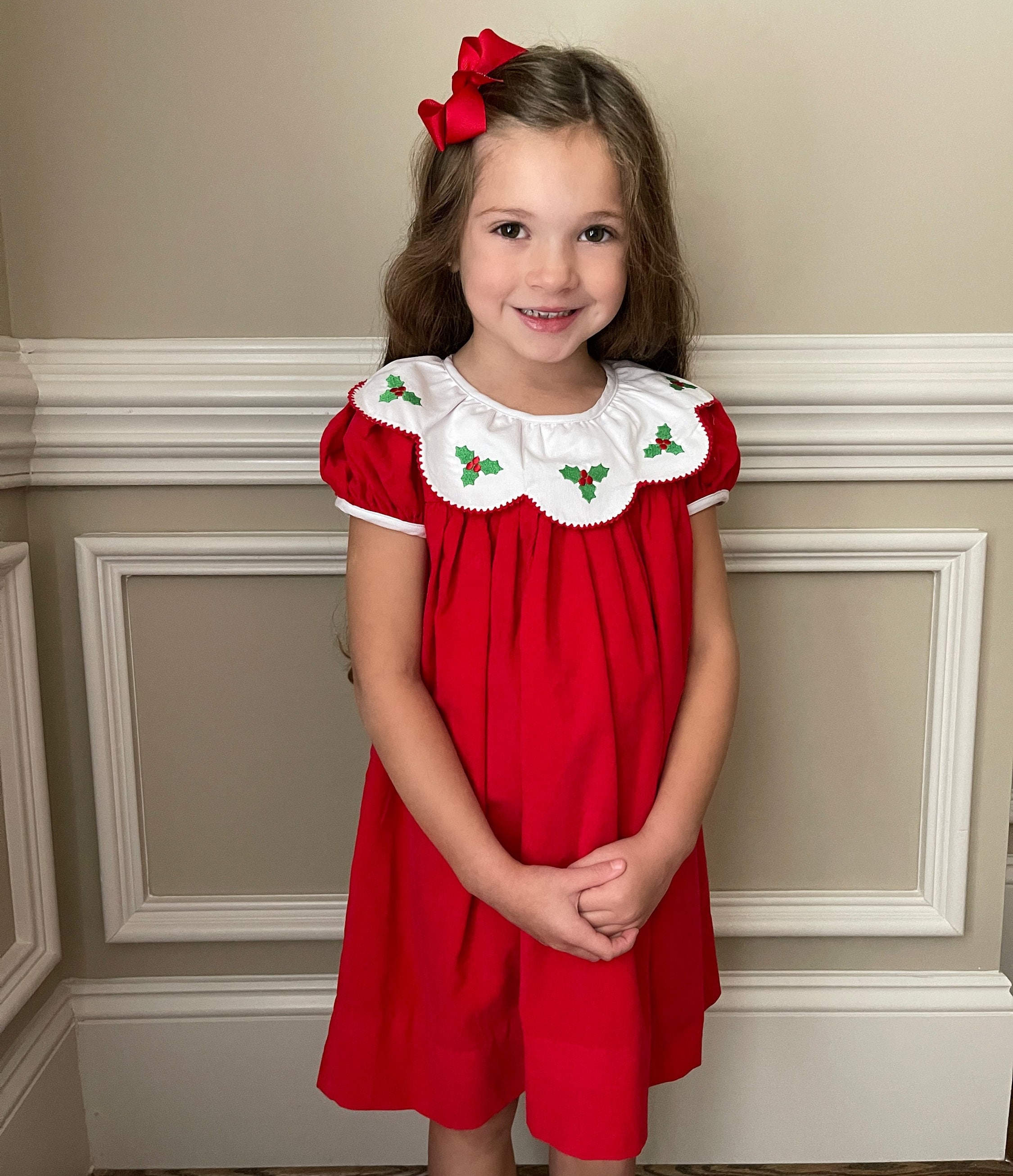 Girls Christmas dress Holly Berry Red Corduroy Scalloped Collar Tree Outfit Santa Claus Classic smocked