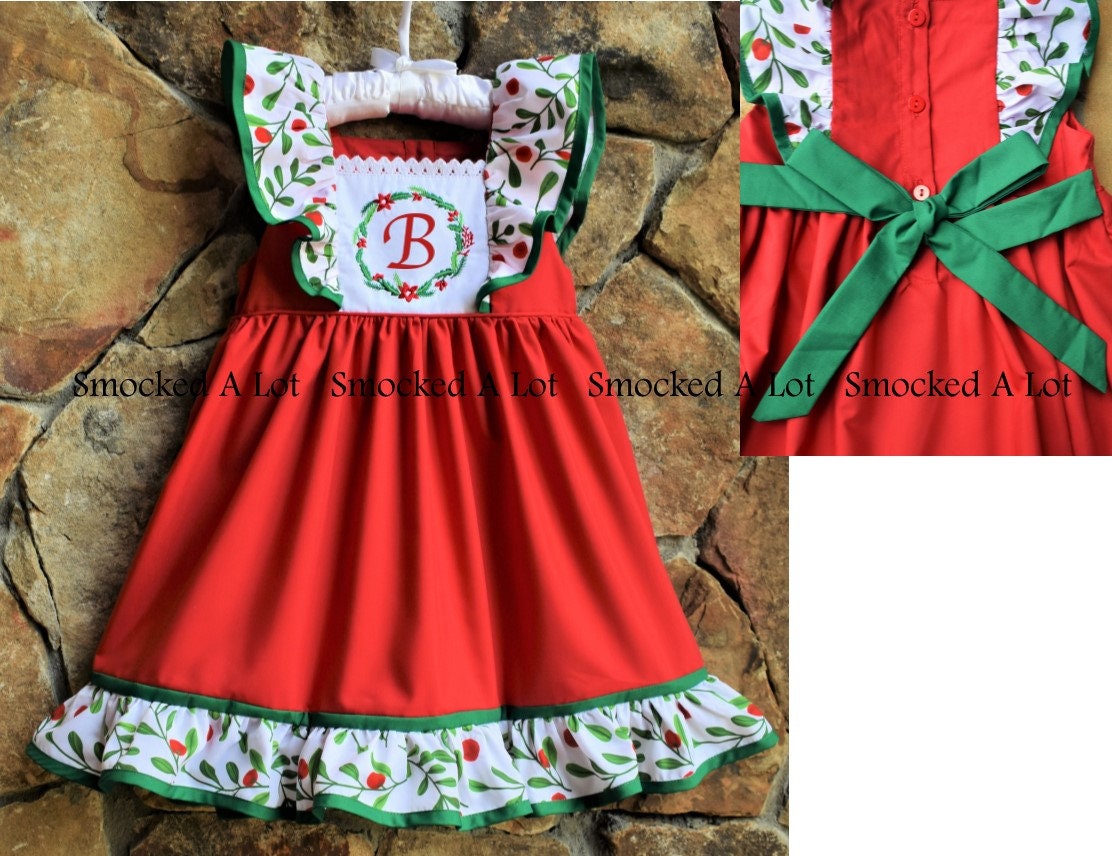 Smocked A Lot Girls Christmas Tree Holly Berry Red Green Bishop Dress Santa Smocked A Lot Girls Christmas Tree Holly Berry Red Green Bishop Dress Santa