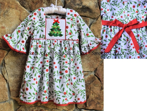 smocked christmas dress sale Christmas Tree Trio Smocked Dress, Green Gingham Stitchy Fish