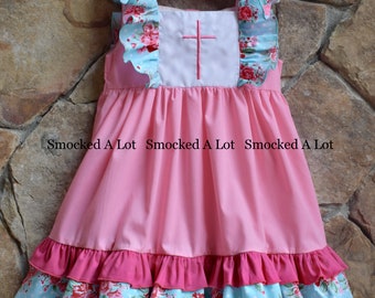 Delivery by Easter! Girls Easter Cross Dress- Pink Floral Rose with Church Christ boutique classic outfit by Smocked A Lot