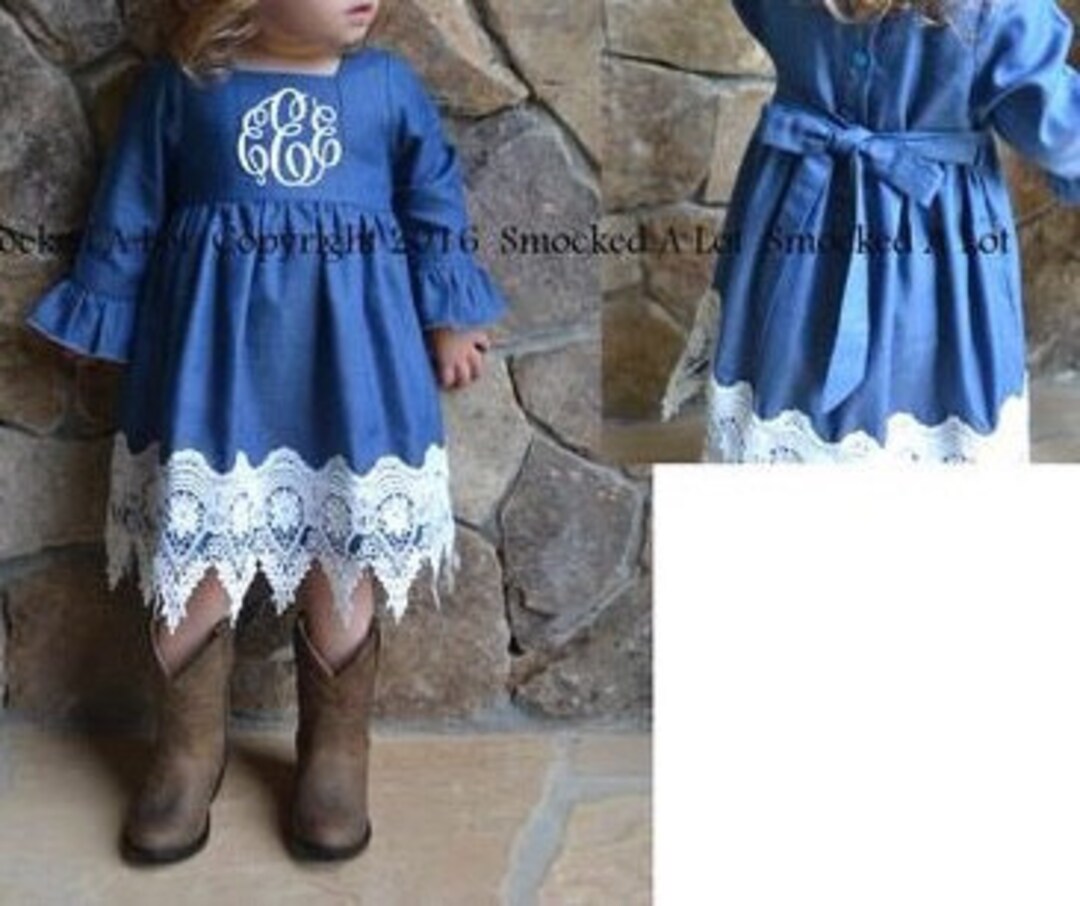 Denim & Lace Girls Fall Monogrammed Dress by Smocked A Lot Etsy