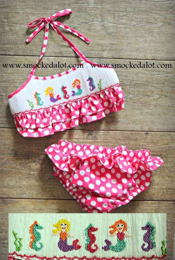 Smocked A Lot girl Minnie bikini 2pc swim suit red ruffled Disney beach birthday