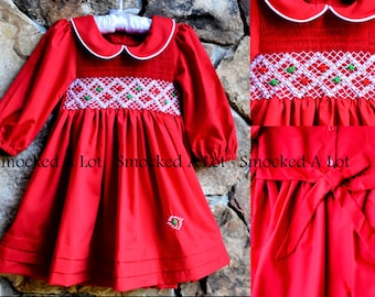 Smocked girls dress Classic Christmas red peter pan collar green white smocking Santa Claus